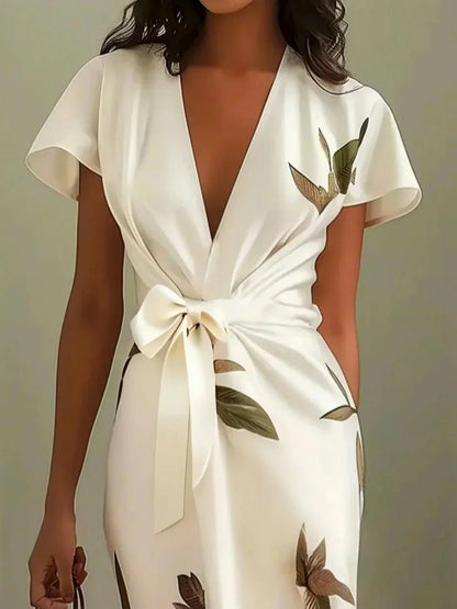 Daisy | White Leaf Short Sleeve Satin Wrap Sheath Midi Dress