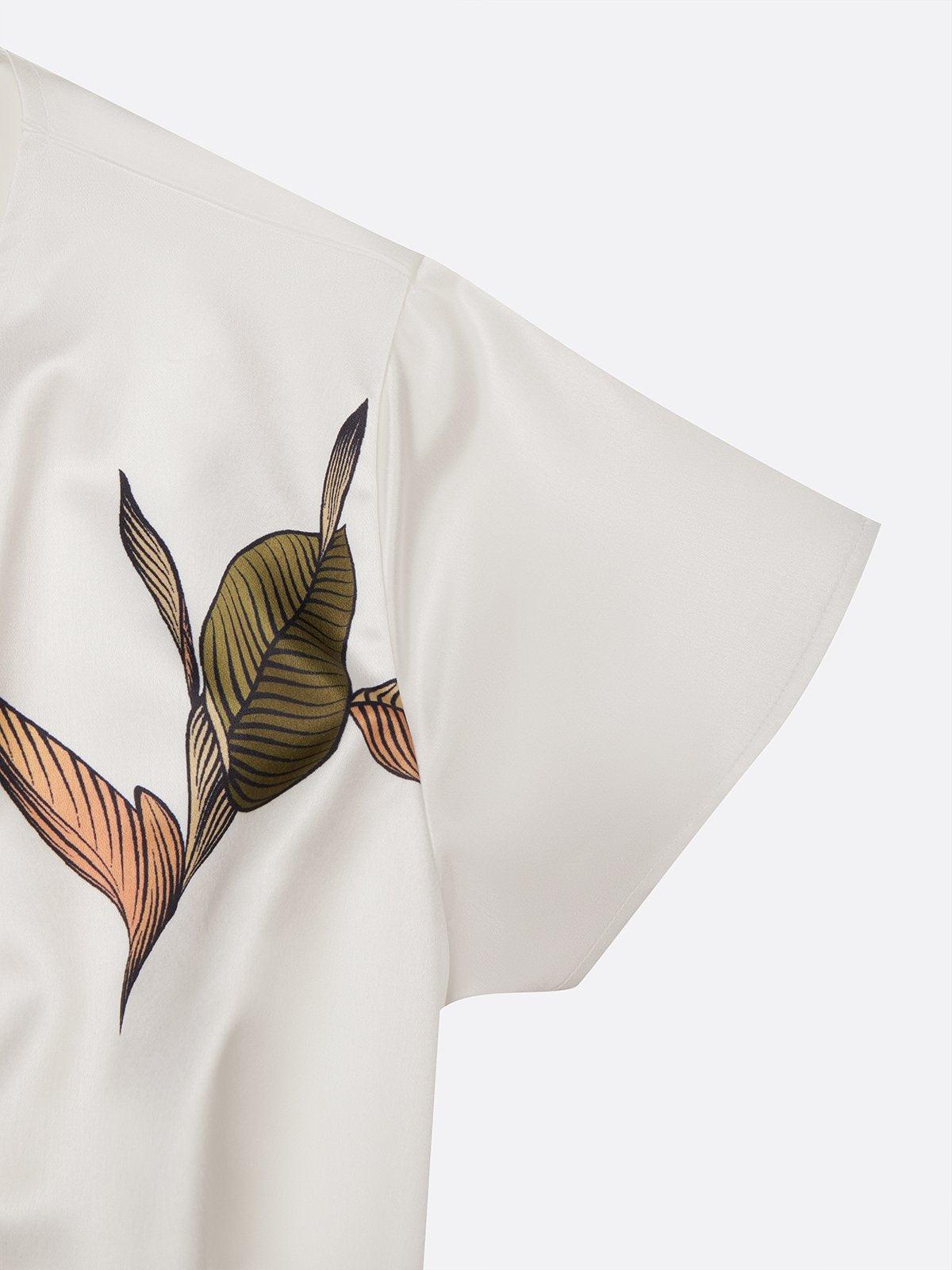 Daisy | White Leaf Short Sleeve Satin Wrap Sheath Midi Dress