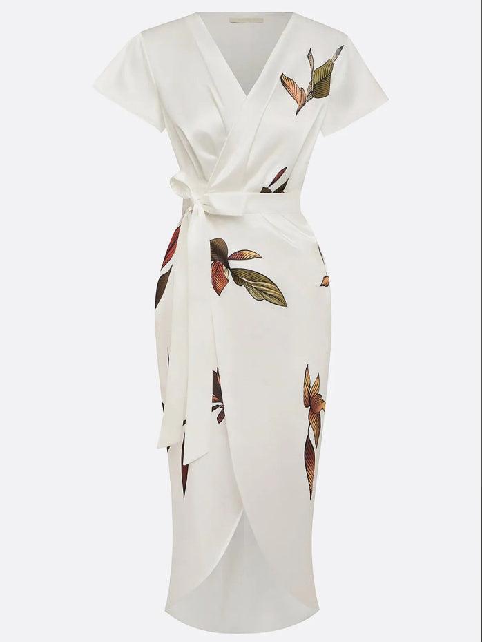 Daisy | White Leaf Short Sleeve Satin Wrap Sheath Midi Dress