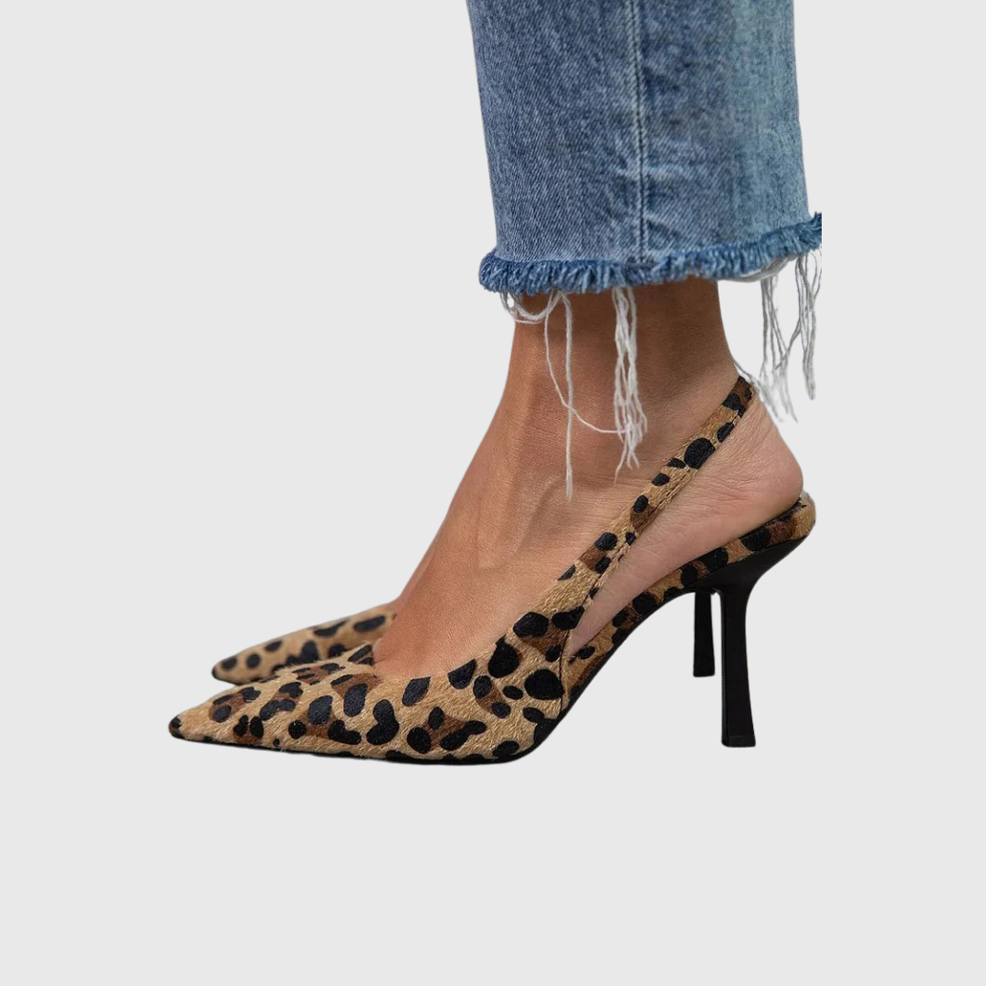 Fleura - Pointed Toe Leopard Print Slingback Khaki Stiletto Heels