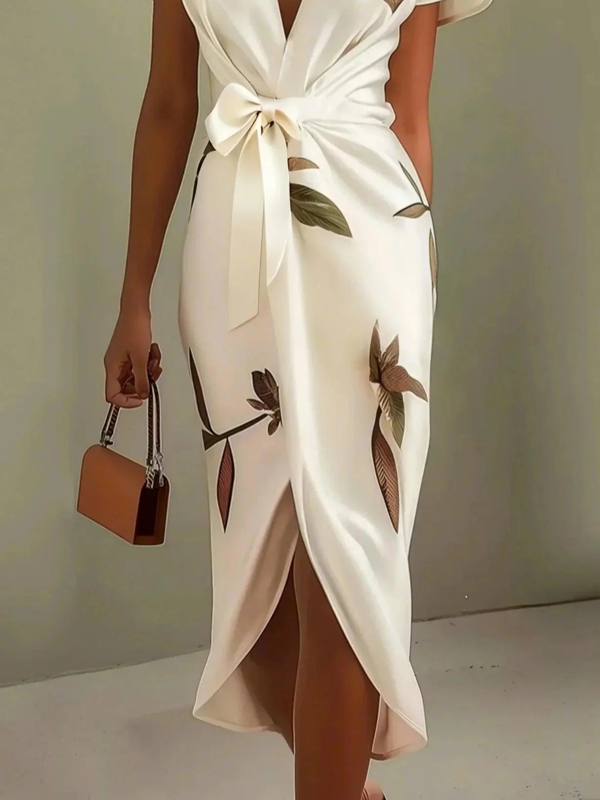Daisy | White Leaf Short Sleeve Satin Wrap Sheath Midi Dress