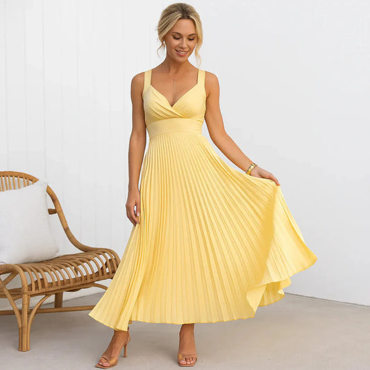 Rozemarijn™ | Yellow Pleated V-Neck Maxi Dress