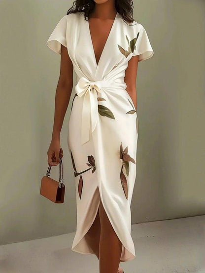 Daisy | White Leaf Short Sleeve Satin Wrap Sheath Midi Dress