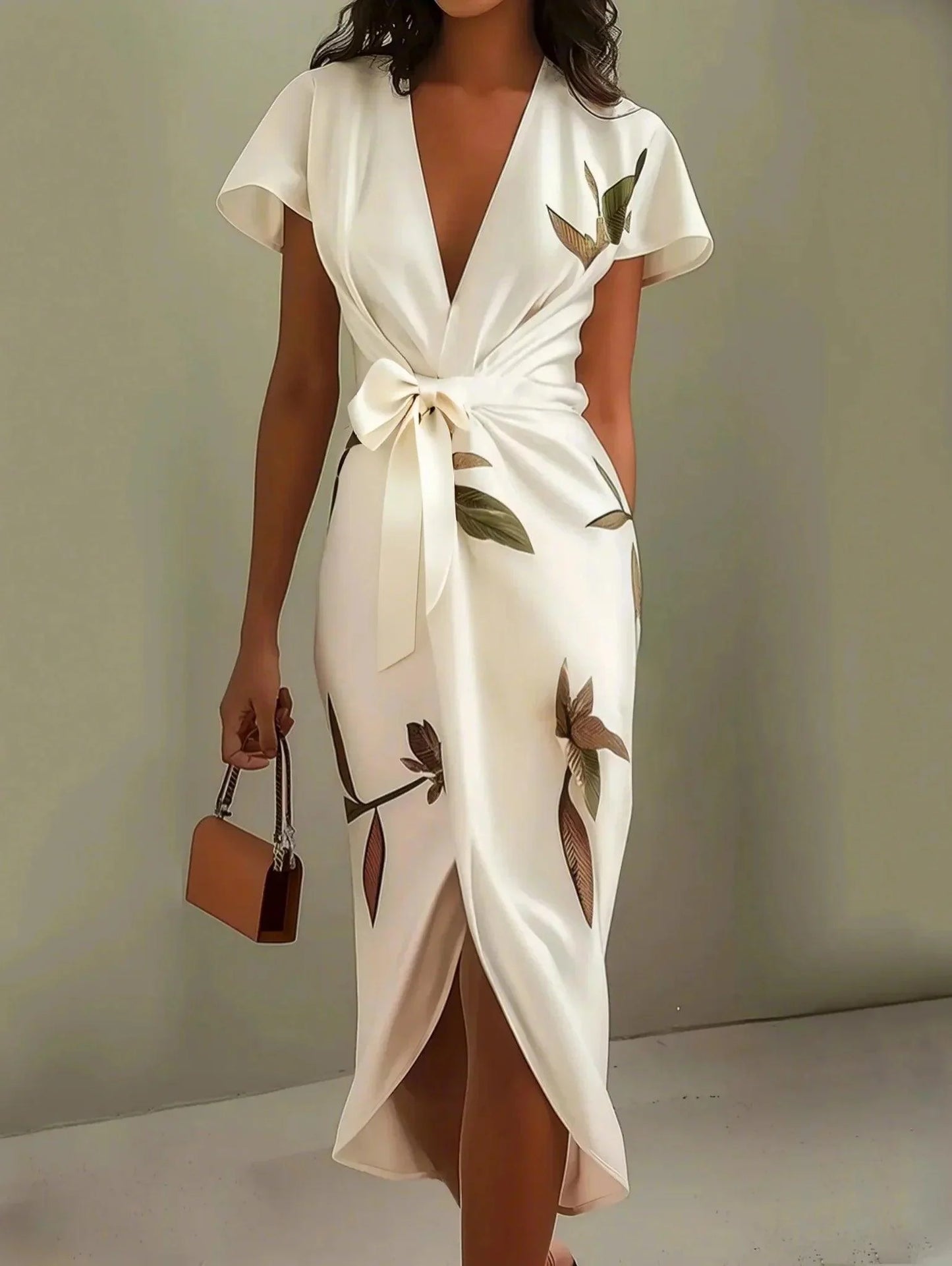 Daisy | White Leaf Short Sleeve Satin Wrap Sheath Midi Dress
