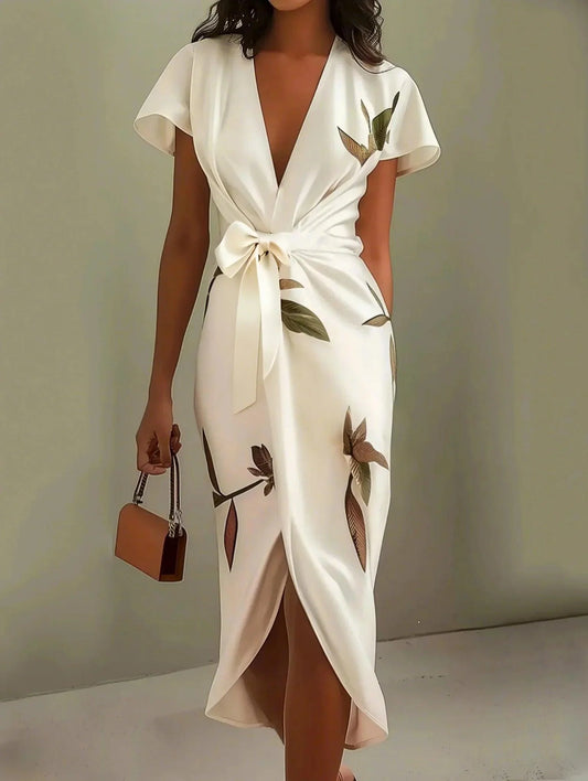 Daisy | White Leaf Short Sleeve Satin Wrap Sheath Midi Dress