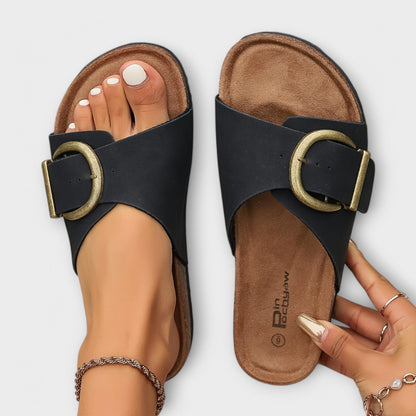 Margie - Women's Cork Mules with Buckle Strap Design