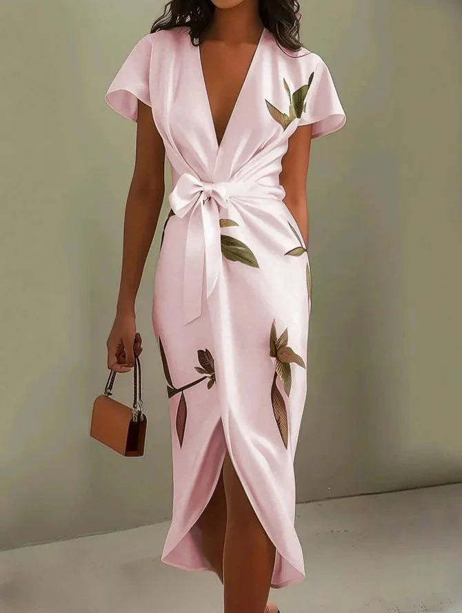 Daisy | White Leaf Short Sleeve Satin Wrap Sheath Midi Dress