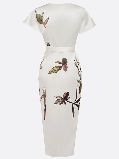 Daisy | White Leaf Short Sleeve Satin Wrap Sheath Midi Dress