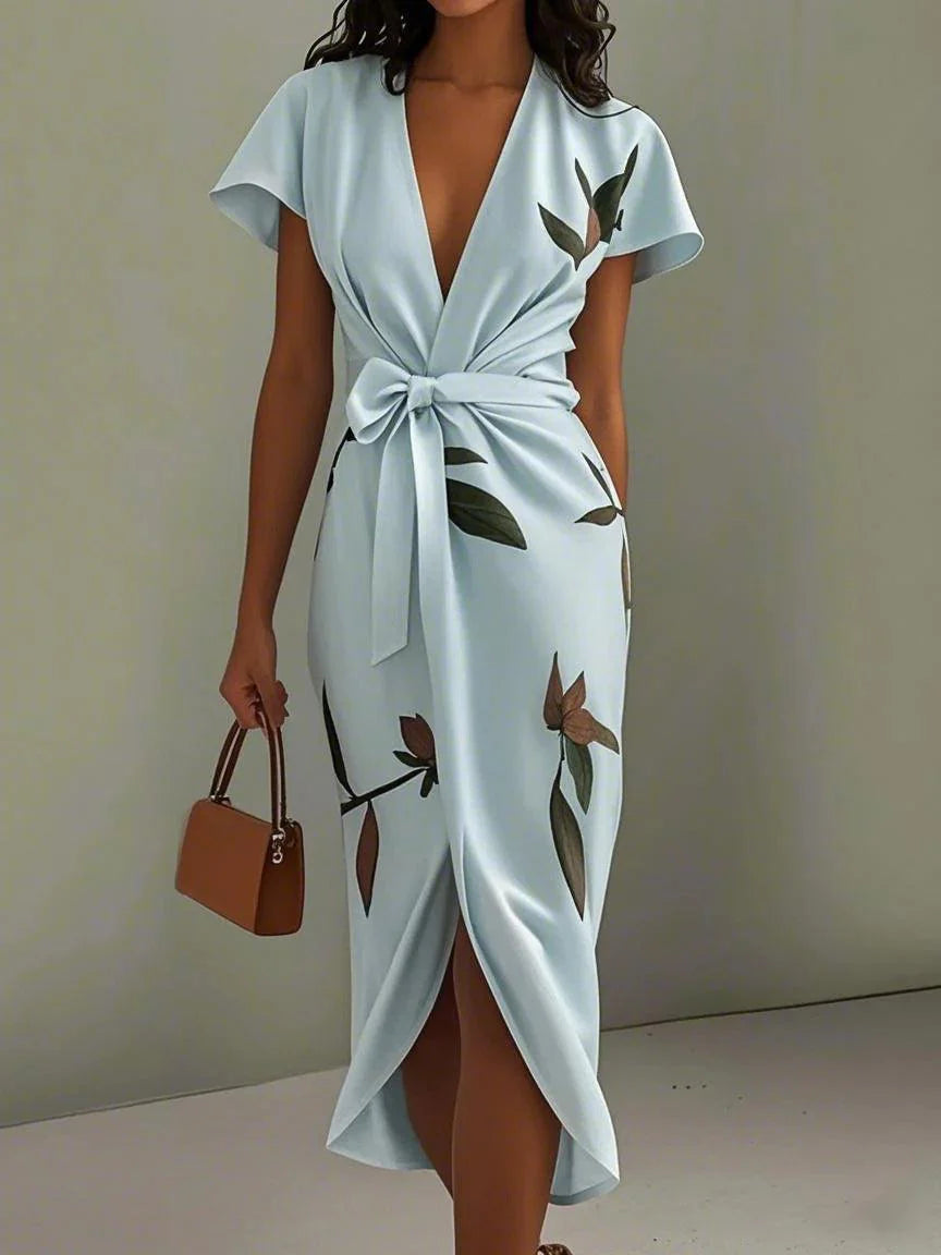 Daisy | White Leaf Short Sleeve Satin Wrap Sheath Midi Dress